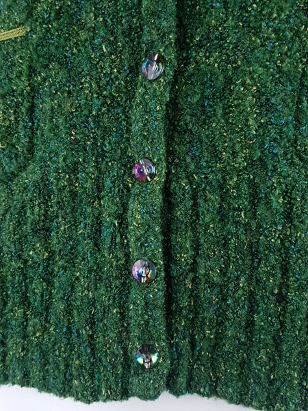 Close-up of Caslon cardigan showing flecked knit, jewel-effect buttons and ribbon-trimmed pockets