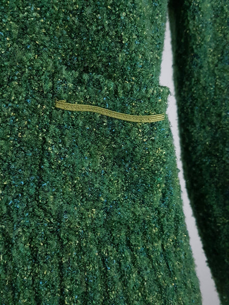 Close-up of Caslon cardigan showing flecked knit and ribbon-trimmed pockets