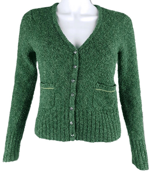 Caslon green and blue wool-blend cardigan with multicoloured buttons, front view