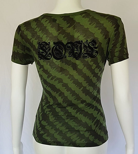 Green and black patterned “LOVE” T-shirt top from Gwen Stefani’s Fall 2005 L.A.M.B. collection, with an ornate black chest motif.