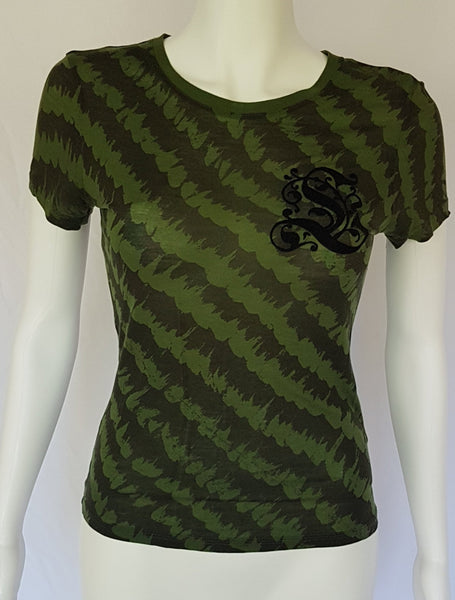 Green and black patterned “LOVE” T-shirt top from Gwen Stefani’s Fall 2005 L.A.M.B. collection, with an ornate black chest motif.