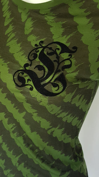 Front motif detail Green and black patterned “LOVE” T-shirt top from Gwen Stefani’s Fall 2005 L.A.M.B. collection, with an ornate black chest motif.