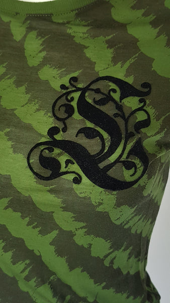 Front motif detail Green and black patterned “LOVE” T-shirt top from Gwen Stefani’s Fall 2005 L.A.M.B. collection, with an ornate black chest motif.