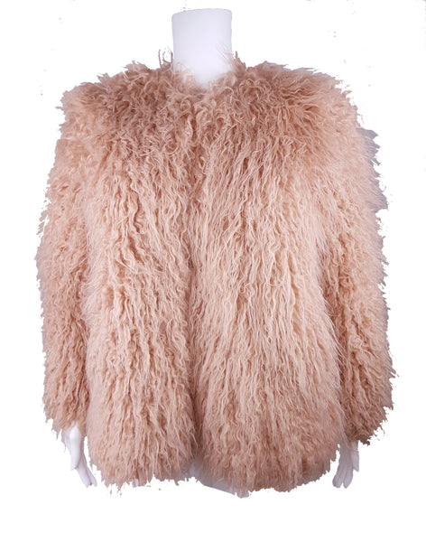  full front view of a H&M dusty rose shaggy faux-fur jacket