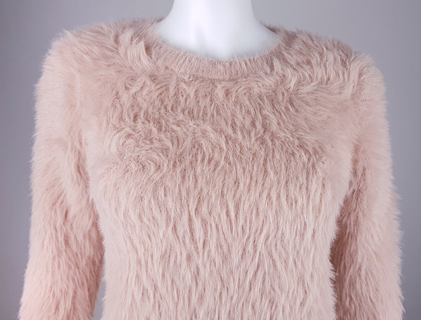  wMolly Bracken Pale Pastel Pink Fuzzy Knit long-sleeve sweater displayed on a mannequin -front neckline and torso view