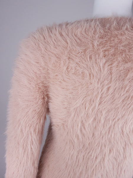 Molly Bracken Pale Pastel Pink Fuzzy Knit long-sleeve sweater displayed on a mannequin - back shoulder view