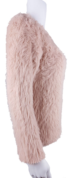Molly Bracken Pale Pastel Pink Fuzzy Knit long-sleeve sweater displayed on a mannequin - side view