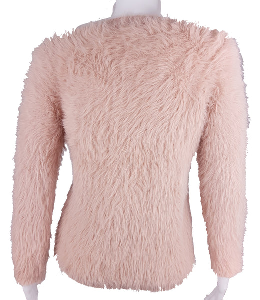 Molly Bracken Pale Pastel Pink Fuzzy Knit long-sleeve sweater displayed on a mannequin - back view