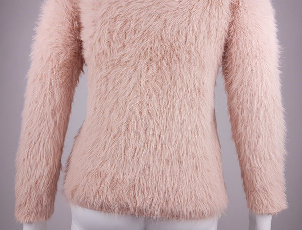 Molly Bracken Pale Pastel Pink Fuzzy Knit long-sleeve sweater displayed on a mannequin - back hem and sleeve view