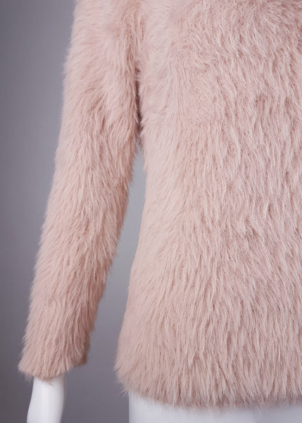 Molly Bracken Pale Pastel Pink Fuzzy Knit long-sleeve sweater displayed on a mannequin - back and sleeve view 