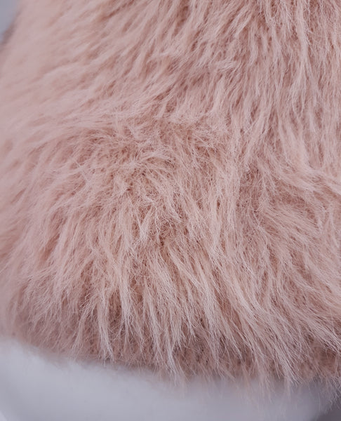 Fabric closeup of Molly Bracken Pale Pastel Pink Fuzzy Knit long-sleeve sweater