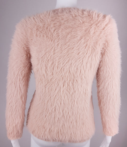 Molly Bracken Pale Pastel Pink Fuzzy Knit long-sleeve sweater displayed on a mannequin - back view