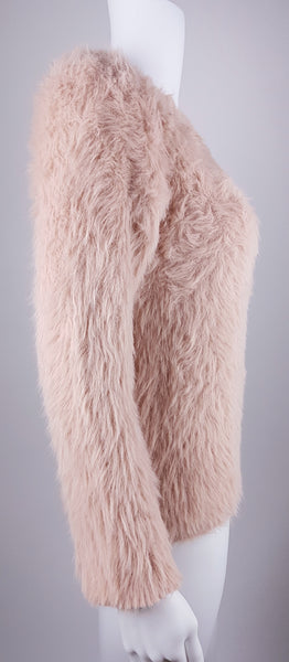 Molly Bracken Pale Pastel Pink Fuzzy Knit long-sleeve sweater displayed on a mannequin - side view