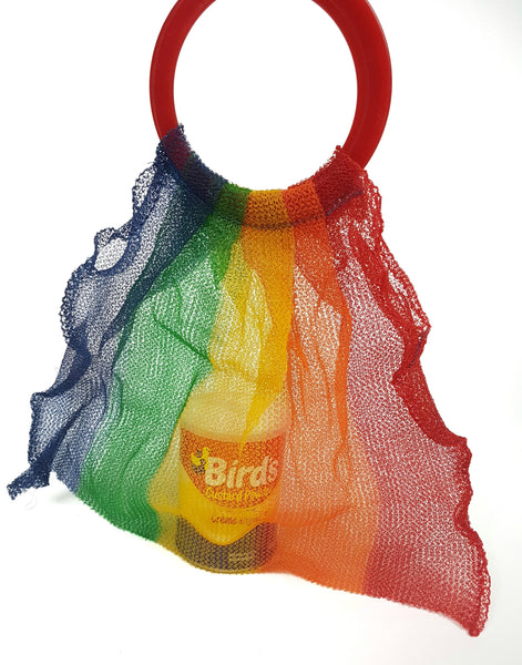Three quarter view of Multicoloured Plastic Mesh Tote Bag with Round Handles
