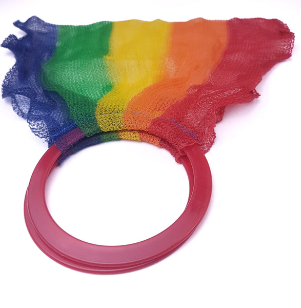 Close-up of the round red handles on a Multicoloured Plastic Mesh Tote Bag 