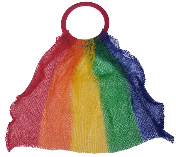 Flatlay front view of Multicoloured Plastic Mesh Tote Bag with Round Handles