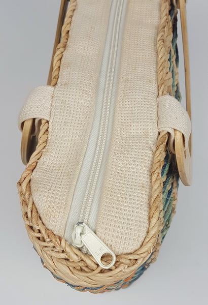 Closeup of Overhead view showing the cream zip-top closure between the two wooden handles