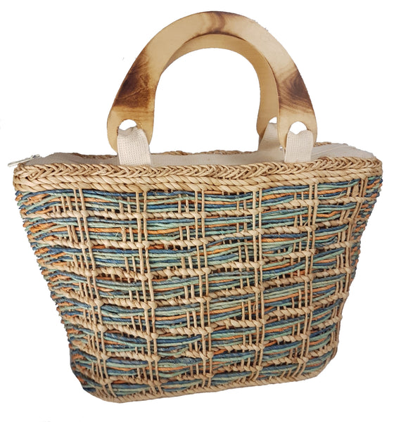 Multicoloured woven tote bag with laminated wooden handles and a natural lattice-style exterior