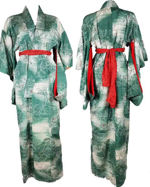 Composite front and back view of a vintage 1940s green floral silk kimono styled with a contrasting red scarf sash.