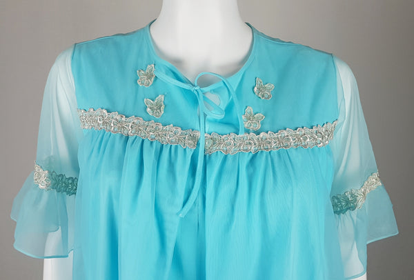 Vintage 1960's Canadian Maid Azure Blue Gathered Yoke Robe with silver and white decorative details on bust and sheer sleeves displayed on a mannequin - bust and shoulder view