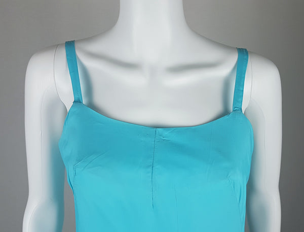 Vintage 1960's Sylvia Ann Azure Blue Peignoir Slip  displayed on a mannequin - bust and shoulder straps view