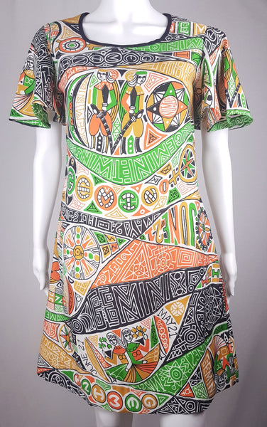 Front view of a 1960s Gemini zodiac novelty print shift dress with short butterfly sleeves and a colourful graphic design displayed on a mannequin 