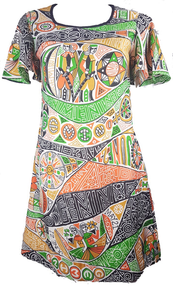 Front view of a 1960s Gemini zodiac novelty print shift dress with short butterfly sleeves and a colourful graphic design displayed on a mannequin 