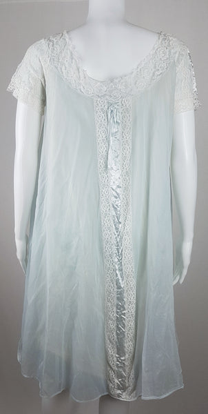 Vintage 1960s Aristocraft by Superior pastel blue peignoir and nightgown set with cream floral lace and ribbon ties displayed on a mannequin - back view