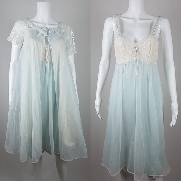 Vintage 1960s Aristocraft by Superior pastel blue peignoir and nightgown set with cream floral lace and ribbon ties displayed on a mannequin - collage view of nightgown and peignoir side by side