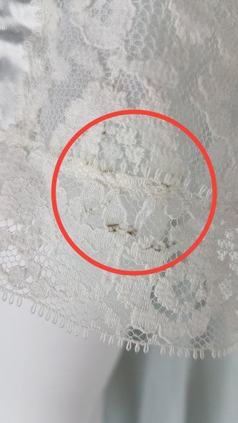 Flaw circled in red - faint dark mark approx 2cm on one sleeve line of Vintage 1960s Aristocraft by Superior pastel blue peignoir and nightgown set with cream floral lace and ribbon ties displayed on a mannequin 