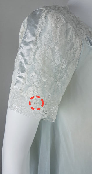 Flaw circled in red - faint dark mark approx 2cm on one sleeve line of Vintage 1960s Aristocraft by Superior pastel blue peignoir and nightgown set with cream floral lace and ribbon ties displayed on a mannequin 