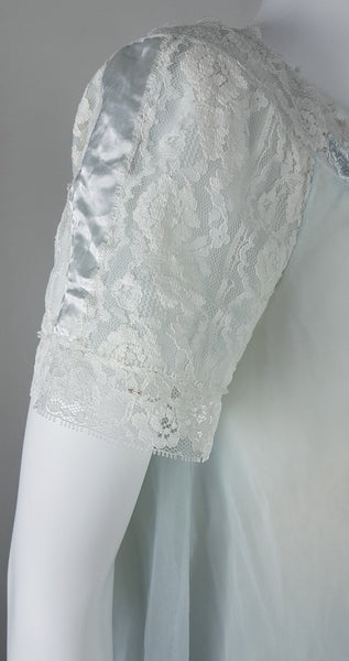 Vintage 1960s Aristocraft by Superior pastel blue peignoir and nightgown set with cream floral lace and ribbon ties displayed on a mannequin - shoulder lace details