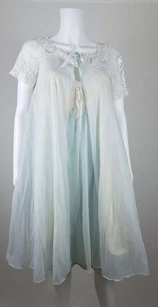 Vintage 1960s Aristocraft by Superior pastel blue peignoir and nightgown set with cream floral lace and ribbon ties displayed on a mannequin - front view