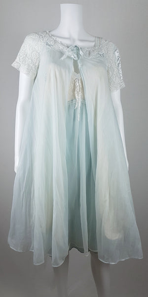 Vintage 1960s Aristocraft by Superior pastel blue peignoir and nightgown set with cream floral lace and ribbon ties displayed on a mannequin - front view