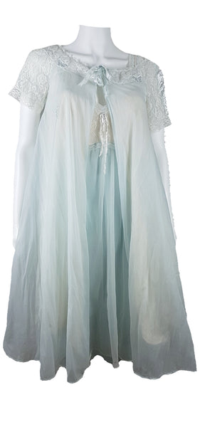 Vintage 1960s Aristocraft by Superior pastel blue peignoir and nightgown set with cream floral lace and ribbon ties displayed on a mannequin - front view