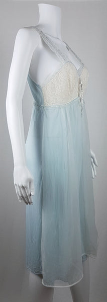 Vintage 1960s Aristocraft by Superior pastel blue nightgown with cream floral lace and ribbon ties displayed on a mannequin - side view
