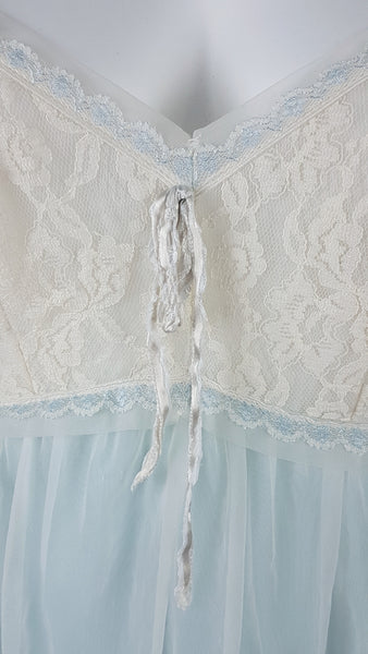Vintage 1960s Aristocraft by Superior pastel blue nightgown with cream floral lace and ribbon ties displayed on a mannequin - lace and ribbon closeup view