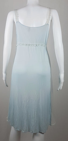 Vintage 1960s Aristocraft by Superior pastel blue nightgown with cream floral lace and ribbon ties displayed on a mannequin - back view