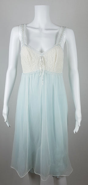 Vintage 1960s Aristocraft by Superior pastel blue nightgown with cream floral lace and ribbon ties displayed on a mannequin - front view