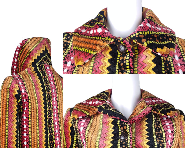 Collage of close-up views of a vintage 1960s Trego’s Westwear chenille coat, showing 3 different ways of wearing its collar 