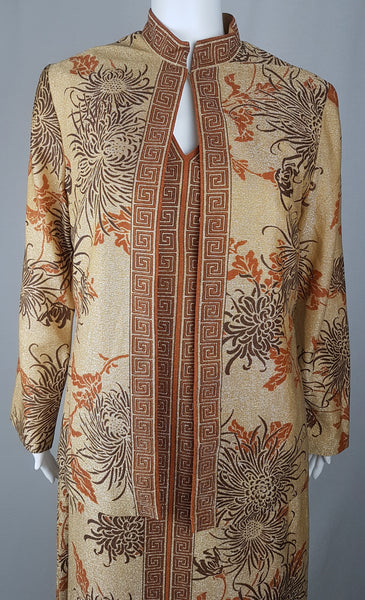 Front view of the vintage gold floral jacket fastened over the matching maxi dress in the intage 1970s Alfred Shaheen Gold Metallic Floral Maxi Dress & Jacket Set 