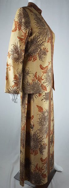 Full three quarter view of Vintage 1970s Alfred Shaheen Gold Metallic Floral Maxi Dress & Jacket Set displayed on a mannequin