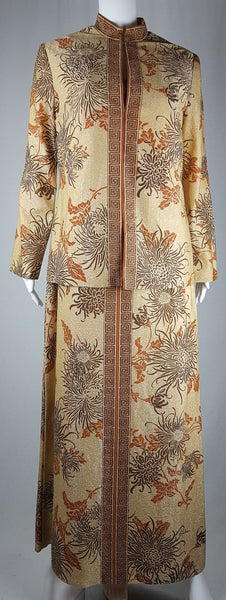 Full front view of Vintage 1970s Alfred Shaheen Gold Metallic Floral Maxi Dress & Jacket Set displayed on a mannequin