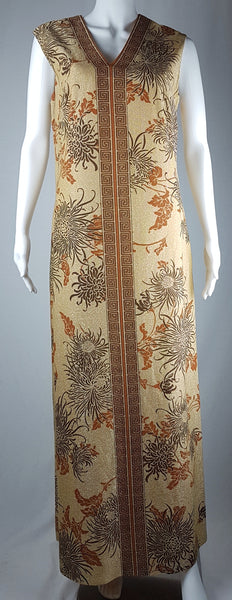 Full front view of Vintage 1970s Alfred Shaheen Gold Metallic Floral Maxi Dress displayed on a mannequin