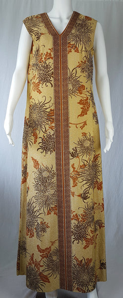 Full front view of Vintage 1970s Alfred Shaheen Gold Metallic Floral Maxi Dress displayed on a mannequin