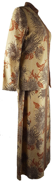 Full three quarter view of Vintage 1970s Alfred Shaheen Gold Metallic Floral Maxi Dress & Jacket Set displayed on a mannequin