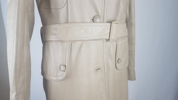 Vintage 1970s Sand Beige Leather Belted Trench Coat