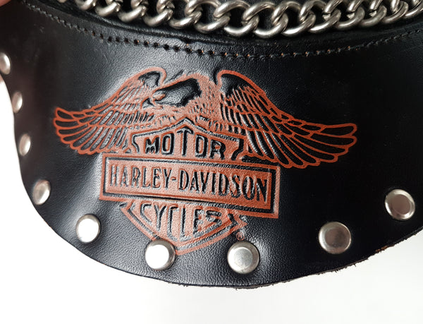 Close-up of the red-orange Harley-Davidson emblem printed across the black peak