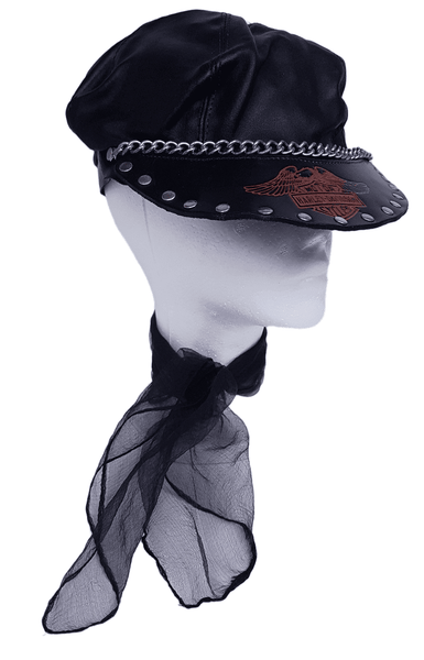 Three quarter view of Black biker cap styled on a mannequin with a Harley-Davidson emblem, studded peak and silver-tone chain
