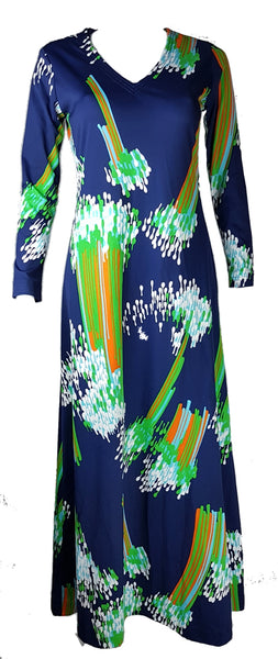 Full front view of a vintage 1970s Lanvin navy maxi dress with a V-neck, long sleeves and a vivid abstract print